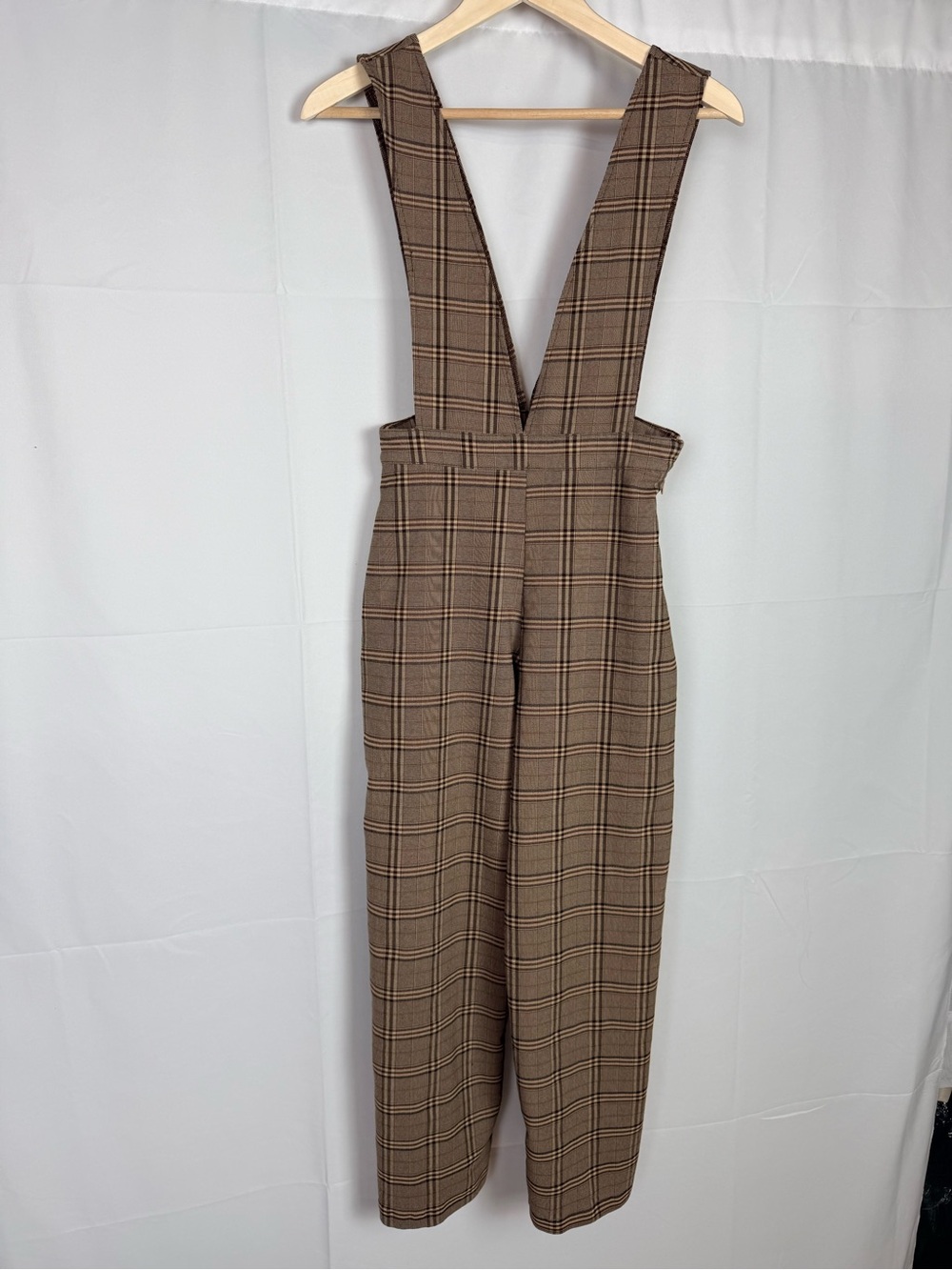 Weissman Brown Plaid Suspender Wide-Leg Jumpsuit